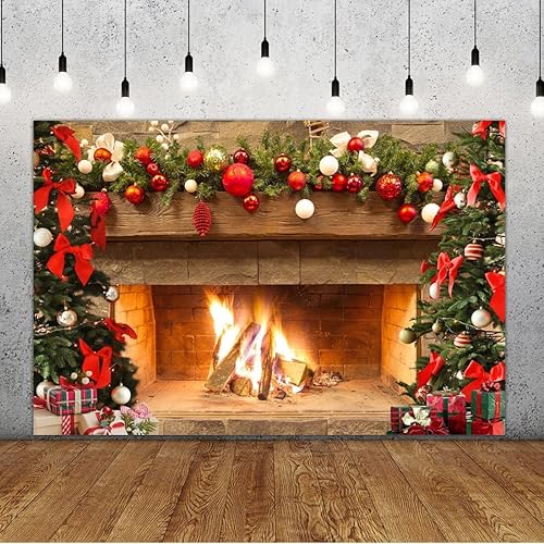 Lofaris Telón de fondo de chimenea de Navidad de 5 x 3 pies, diseño vintage de árbol de fuego, medias rojas, regalos de fondo de fotografía de