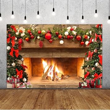 Lofaris 5x3ft Christmas Fireplace Backdrop Interior Vintage Fire Tree Red Stockings Gifts Winter Photography Background Portrait Photobooth Party Banner Decorations Photo Studio Props