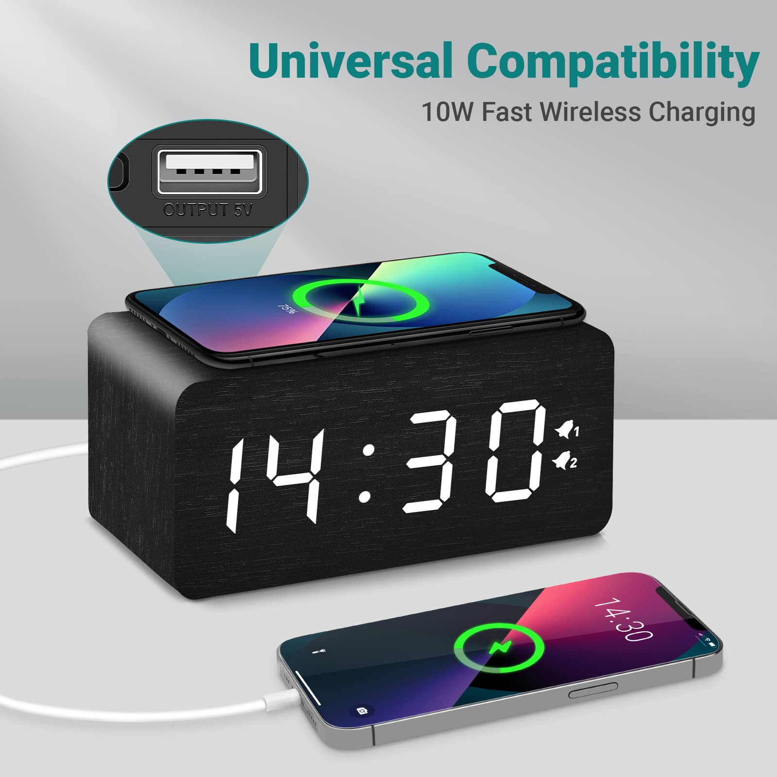 URAYCO Wooden Digital Alarm Clock, 10W Fast Wireless Charger Station & USB Charging Port, with Stepless Dimmer, Dual Alarm, Weekday/Weekend Mode, Wood LED Clock for Bedroom, Desk, Office
