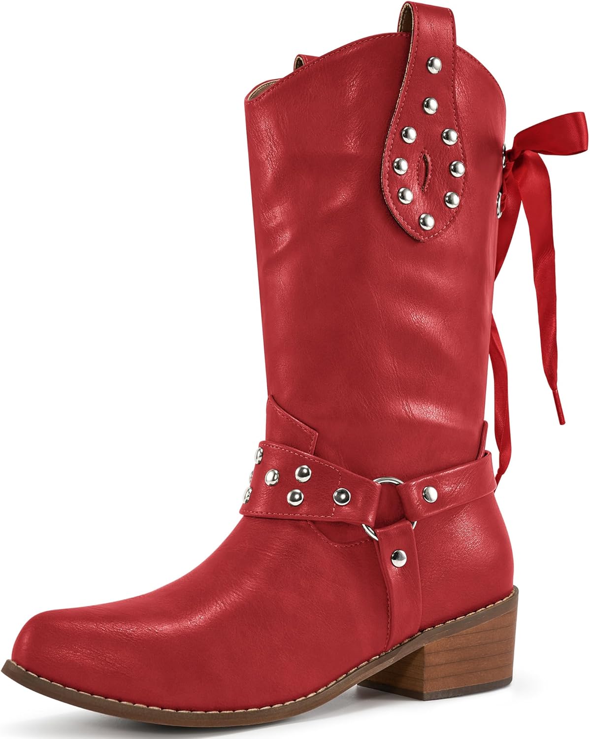 Aomigoct Western Cowboy Boots for Women: Leather Mid Calf Fashion Chunky Cowgirl Boot Pointed Toe