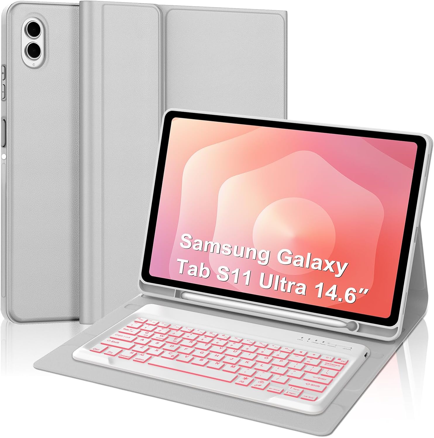 KVAGO Keyboard Case for Samsung Galaxy Tab S11 Ultra 14.6 inch 2025 (SM-X930/X936B), 7 Color Backlit,Magnetic Detachable Wireless Bluetooth Keyboard with S Pen Holder,Light Gray