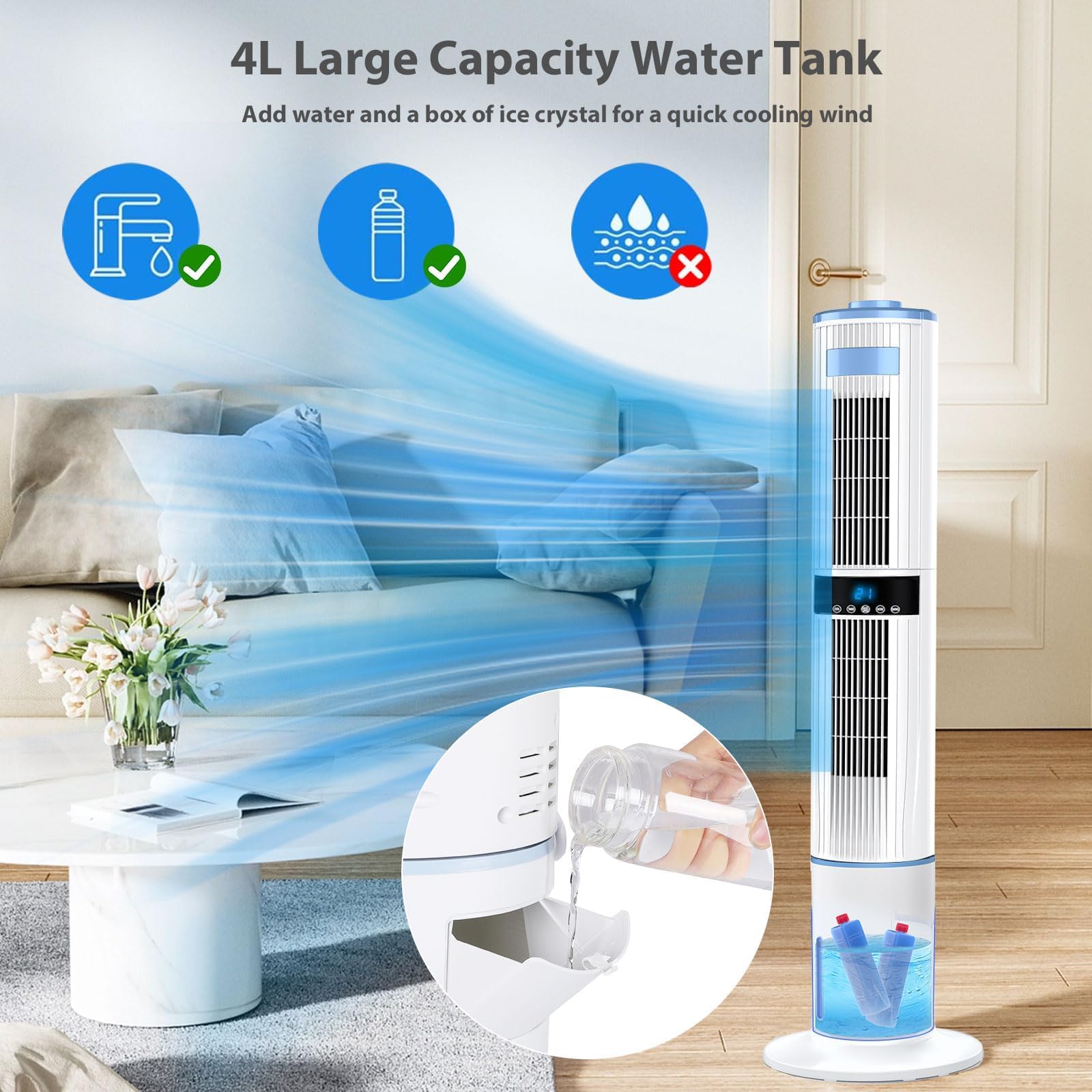 Climatiseur Mobile Silencieux Portable Rafraîchisseur d'air 360° Oscillation, Sortie d'air Double, 24H Minuteries, 65W, 4 Modes et 3 Vitesses avec Télécommande pour Chambre, Bureau, Cuisine
