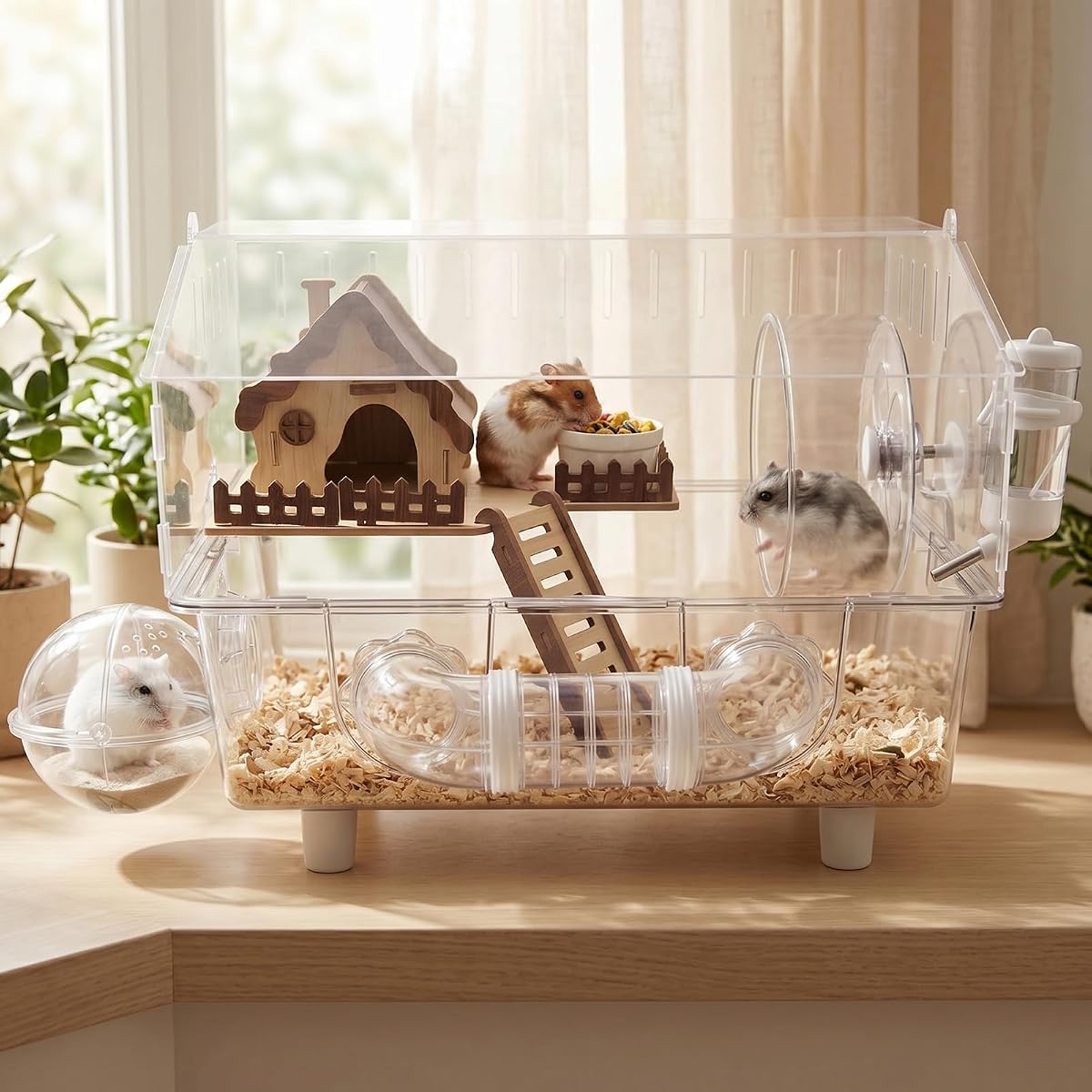 Loungewave Acrylic Hamster Cage, 8 in 1 Gerbil Cage with Accessories | Classic House Style, Dwarf Hamster Cage with Full Transparent Viewing, Clear View Inside Easy to Clean, Excellent Ventilation