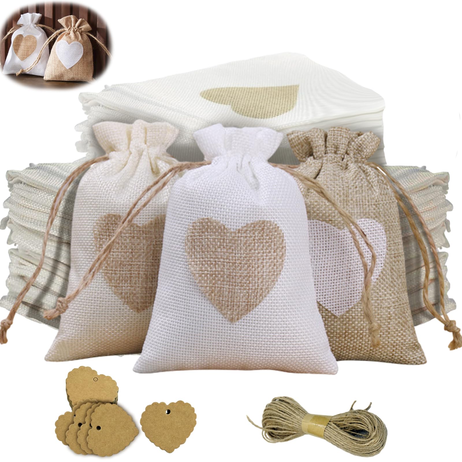 10 Sachets En Toile De Jute Cœur - 10x8 Cm, Avec Cordon, Pour Bonbons Mariage Baptême Cadeaux