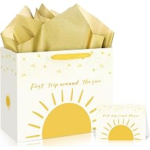 Woosytoo Boho Sun 1st Birthday Gift Bag - First Trip Around The Sun - Sunshine Themed - Card & Tissue Paper - Baby Boys Girls - Birthday & Baby Shower