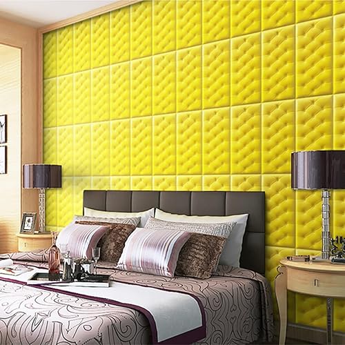 Vista 26 de 3D Self Adhesive Foam Wall Panels, 23.6"x11.8" Leather Cladded Decor Anti-Collision Soft Cushion Wallpaper for Wall Covering Kids Room Bed Yellow
