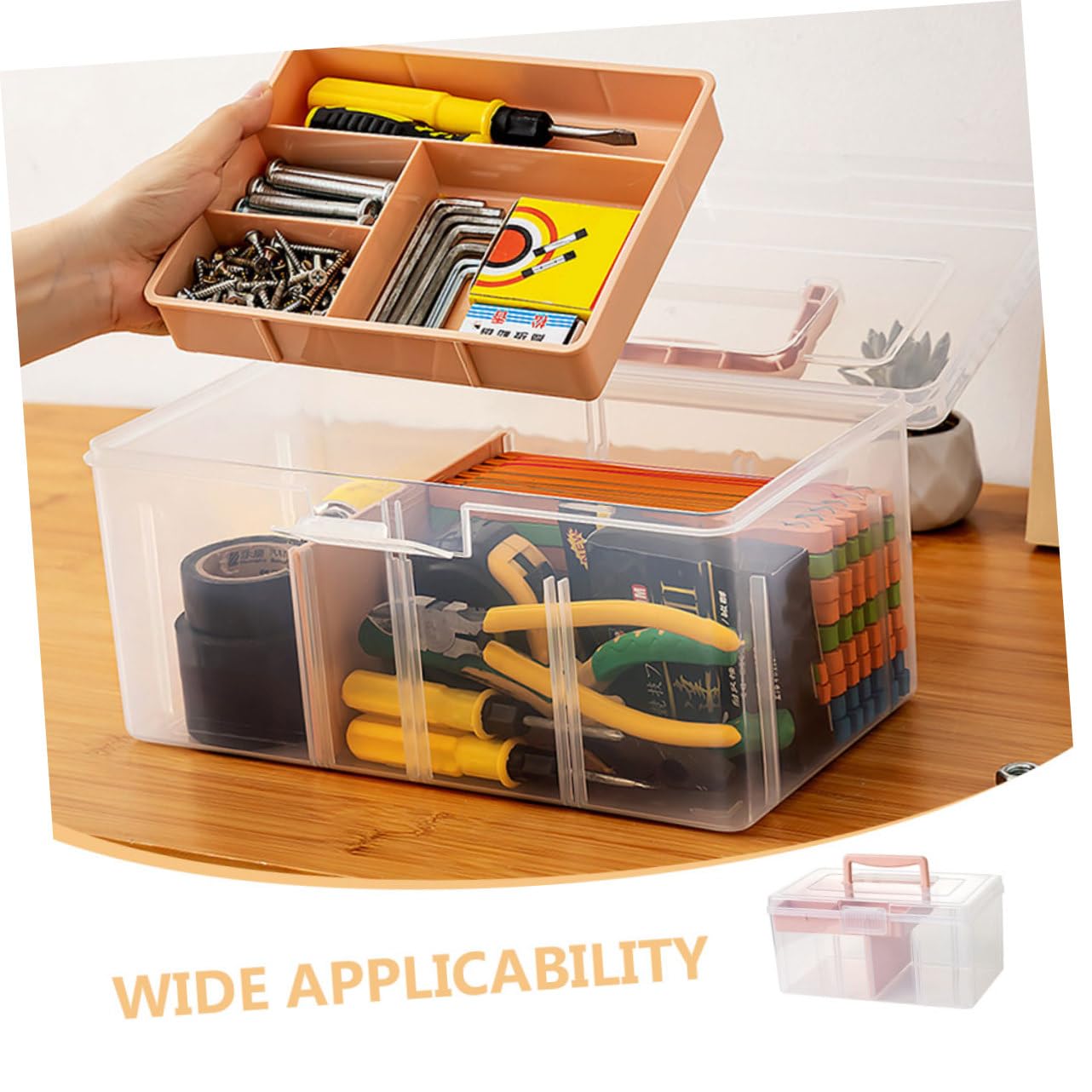 Angoily Scatola Organizer Divisoria Multiuso per Bricolage con Maniglia | Design Trasparente in Pp Rosa, Struttura a Due Livelli, Formato Piccolo per Oggetti e Accessori Creativi