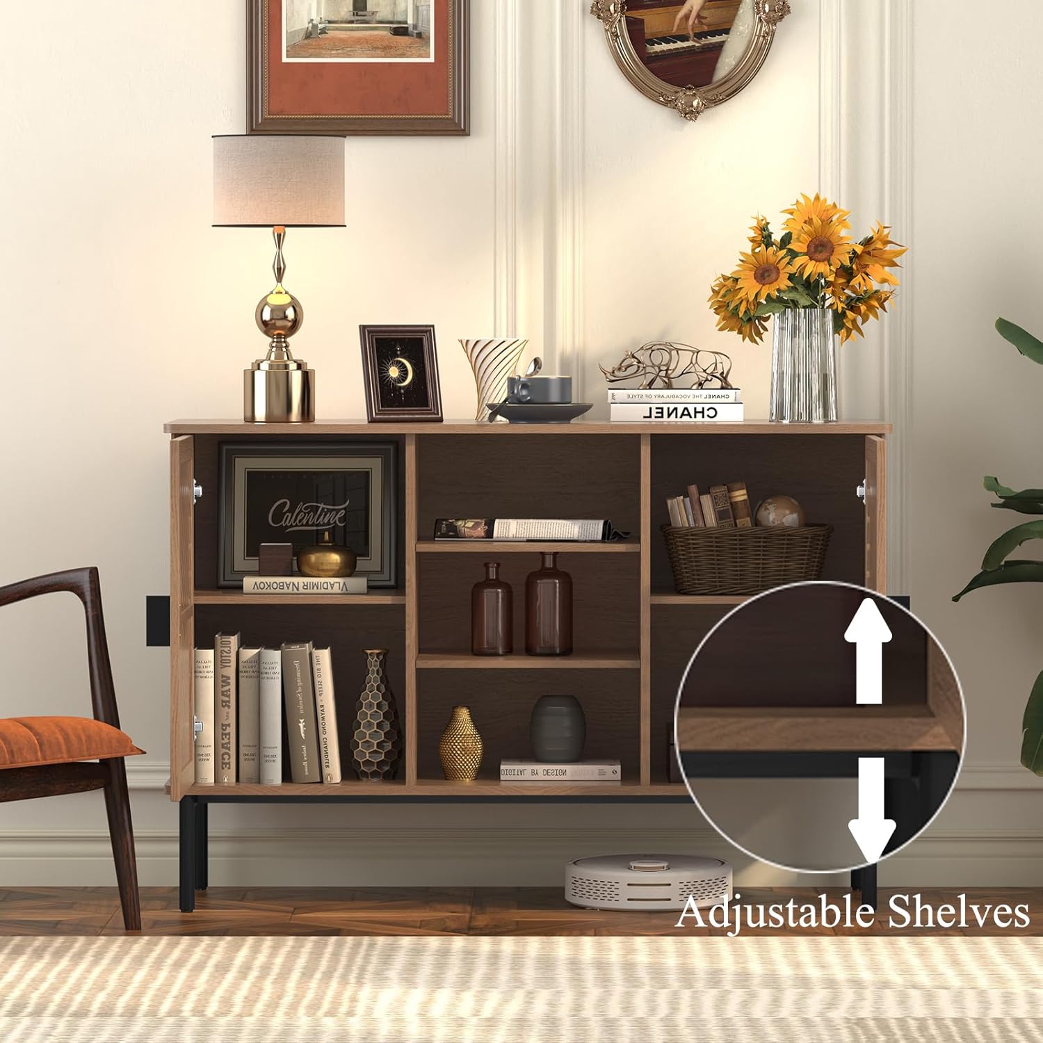 ARTPOWER Accent Cabinet with 2 Hollow Doors, Sideboard Storage Cabinet, Modern Buffet Cabinet with Adjustable Shelves & Metal Handle, Decorative Credenza for Living Room Kitchen Dining Room, Wood