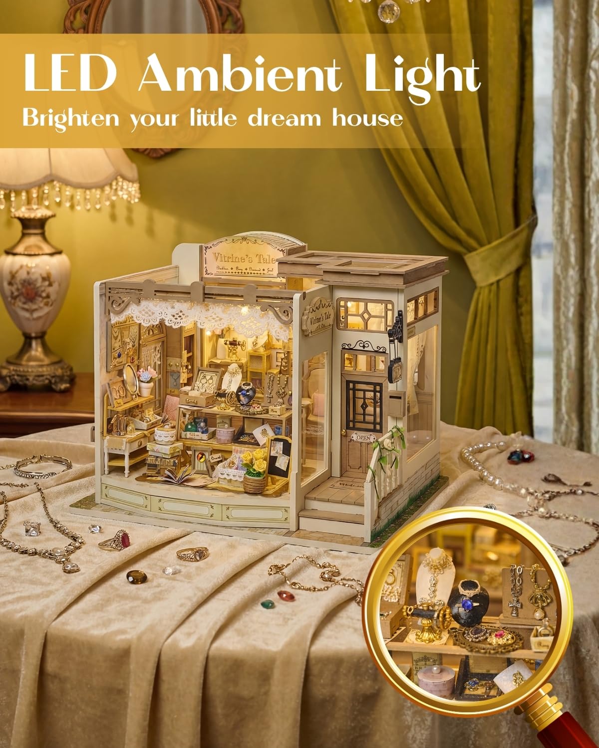 Vitrine's Tale - Kit de casa en miniatura con luz LED - Kit de casa de muñecas - Rompecabezas 3D de madera para casa de libros, rincón de Halloween, cumpleaños para mujeres