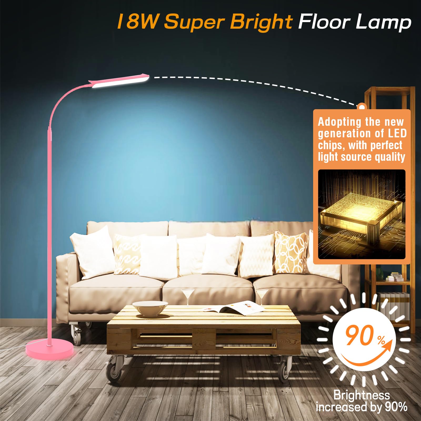 marctronic Rosa Lampada da Terra LED 18W 1800LM Dimmerabile Luminoso Lettura Piantana con 4 temperatura di Colore,Telecomando Magnetico, Collo D'oca Flessibili a 360°,Timer 1H, per Soggiorno Letto