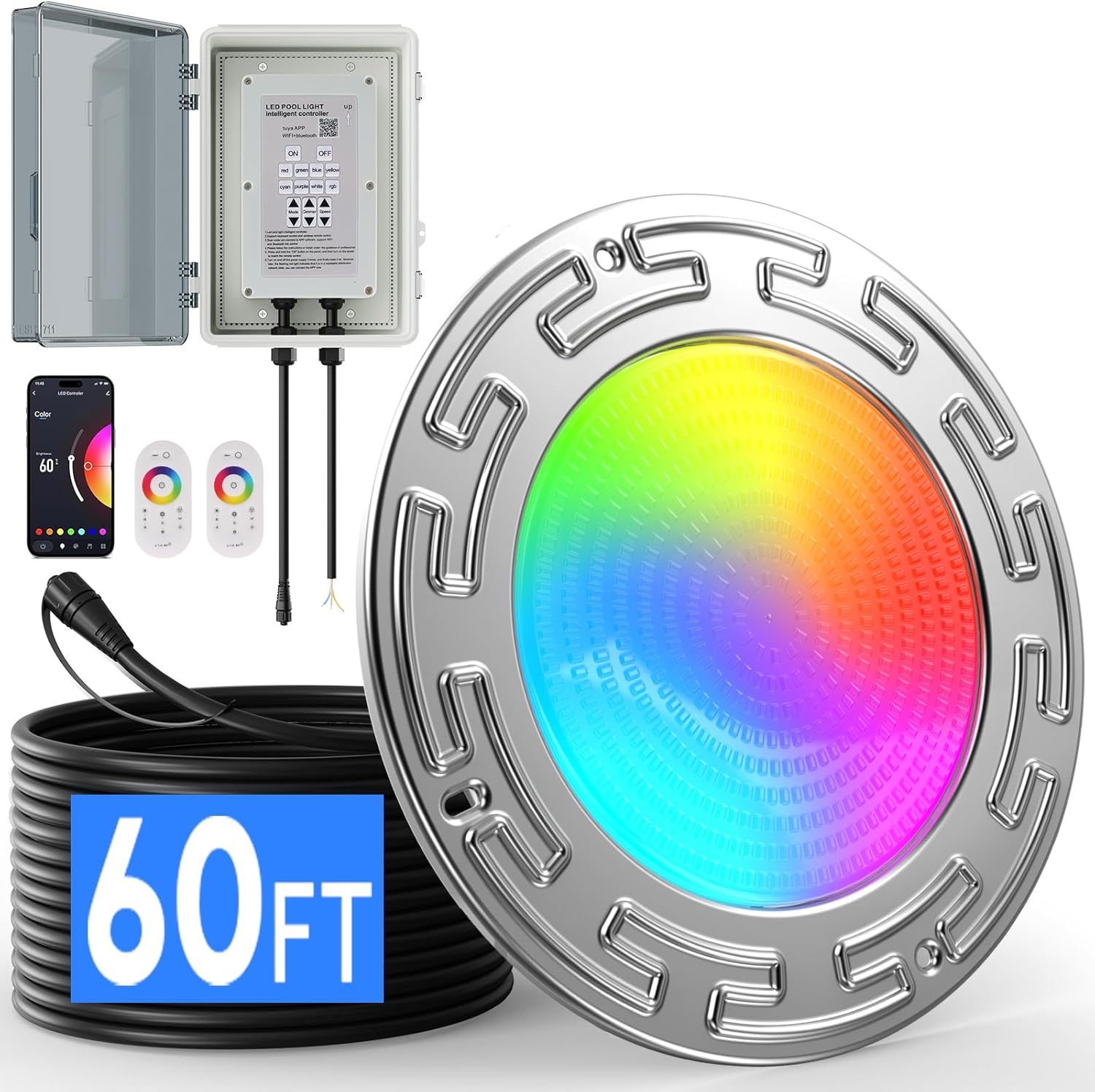 60Ft 10Inch 60W Smart WiFi Led Pool Lights for Inground Pool with 3 Control Way(APP/Remote/Controller), Multi-Color Changing Underwater Swimming Pool Light for Large 10" Wet Niches