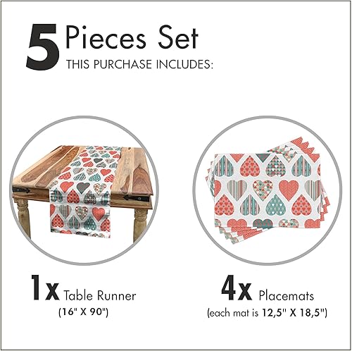 Miniatura 5 de Ambesonne Camino de mesa y manteles individuales de San Valentín, estilo retro, corazones con rayas, olas y patrones a cuadros, juego para