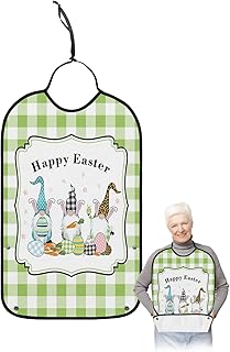 Funny Adult Bibs for Eating, Happy Easter Cute Gnome Buffalo Check Plaid Green and White Waterproof Clothing Protector Washable Adult Bib with Crumb Catcher for Men Women Elderl and Seniors