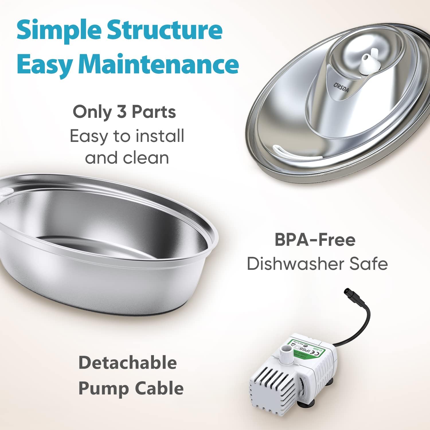 Pet Supplies : ORSDA Cat Water Fountain Stainless Steel, Pet Water Fountain for Cats Inside 2L, Cat Automatic Water Dispenser, Dog Water Fountain, Metal Cat Fountain, Pet Fountain, Cat Drinking Fountain Steel : 