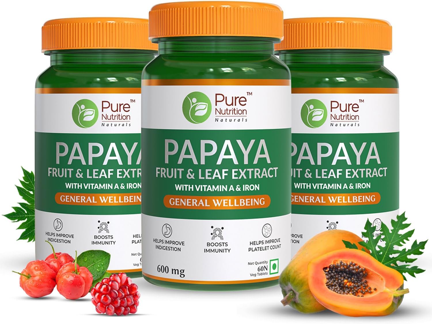 Pure Nutrition Papaya Leaf & Fruit Extract supplement , 180 Veg Tablets (60x3) | With Vitamin C & Iron for Platelet Count, Dengue Relief, Immunity Boost & Better Digestion | Natural Support for Wellness & Recovery