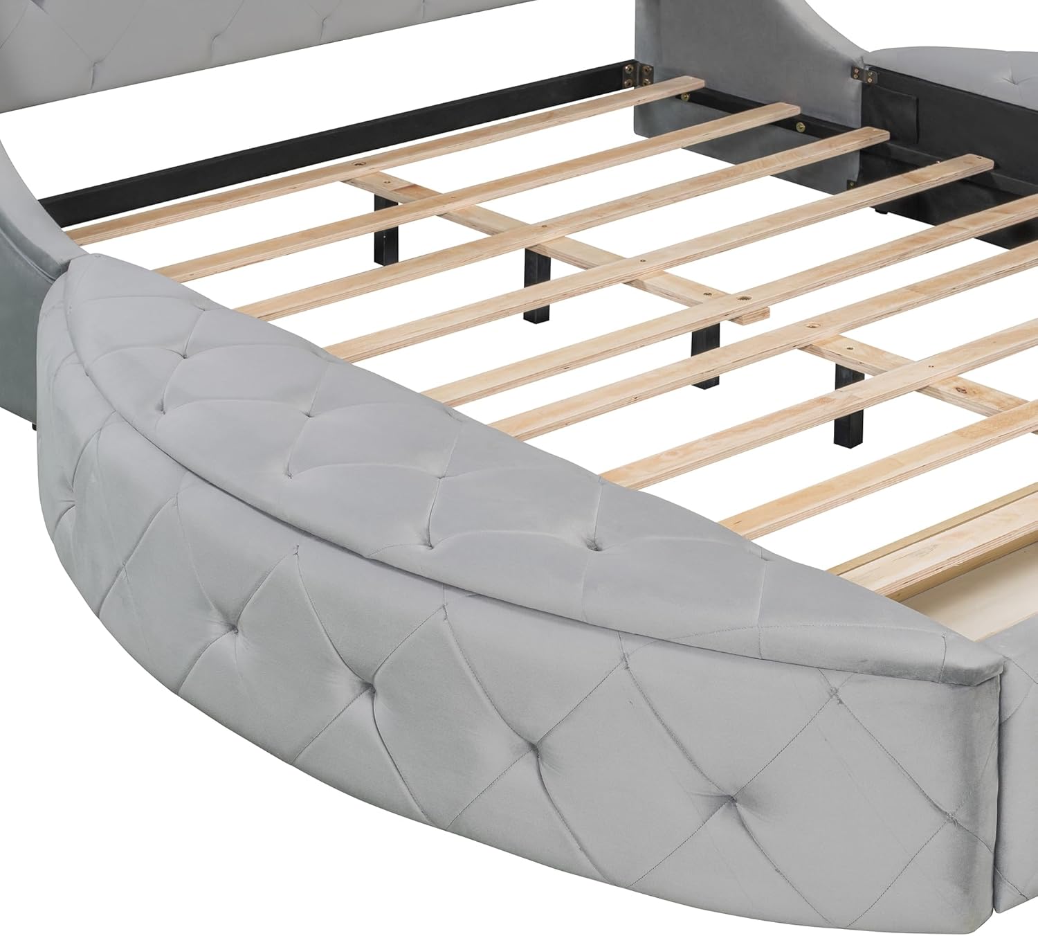 Bellemave Velvet Upholstered Queen Platform Bed with Storage, Queen Size Bed Frame with Headboard, 1 Big Drawer and 2 Side Storage Stool, Strong Wooden Slats/Easy Assembly (Grey)