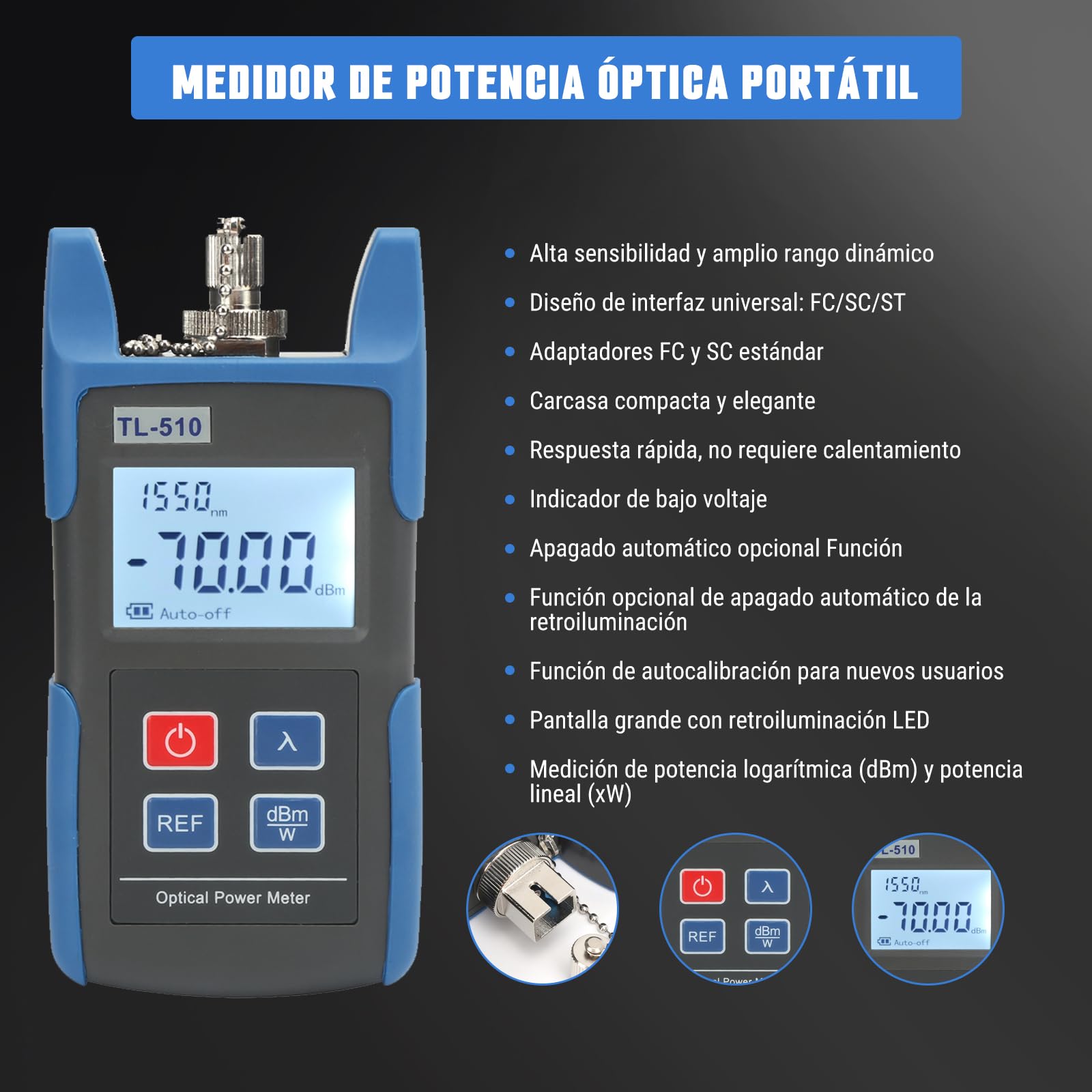 Medidor de Potencia de Fibra óptica, -70~10dbm Portátil Medidor de Potencia óptica Optical Power Meter, Probador de Fibra ópticas con 850-1625nm 6 Longitudes de Onda de Calibración Para FC/PC SC/PC