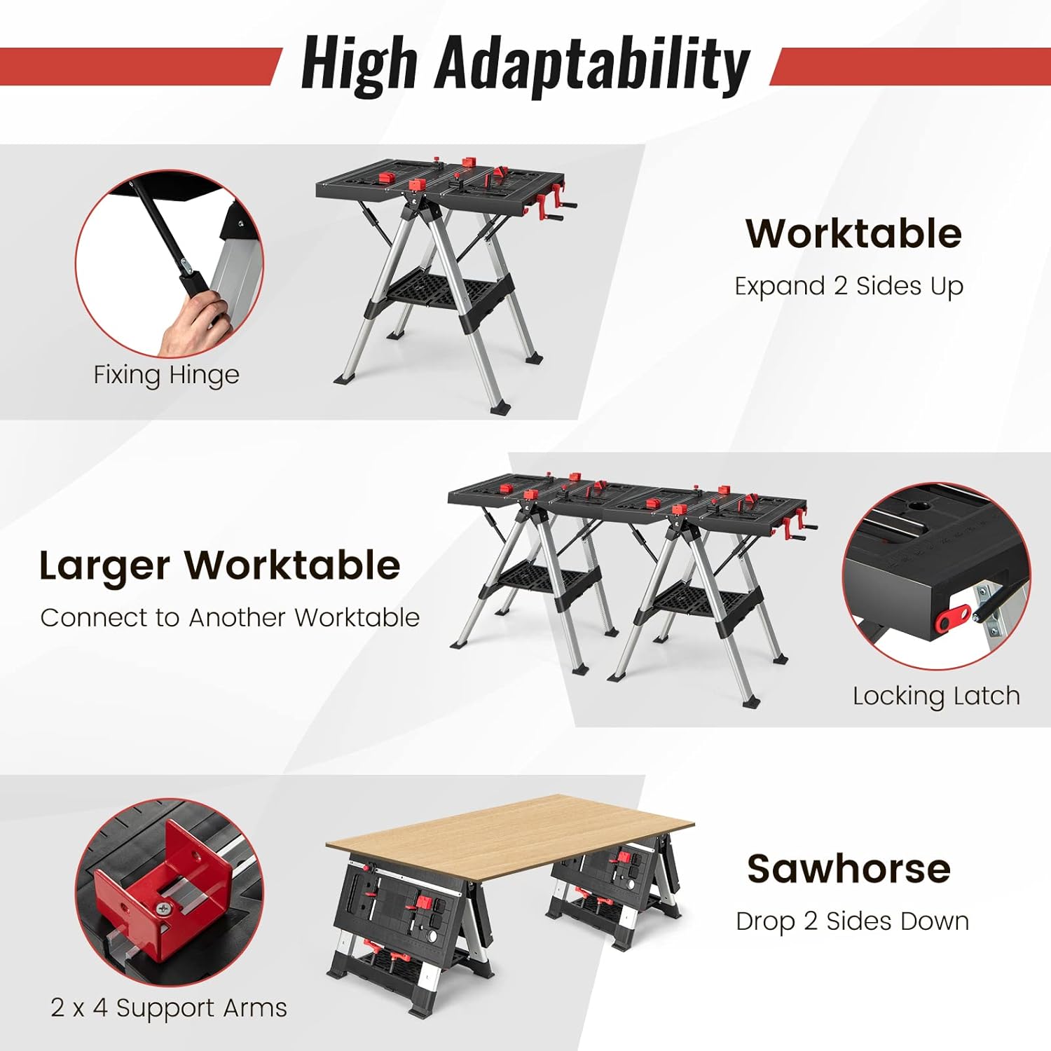 IRONMAX Folding Work Table, 2-in-1 Height Adjustable Workbench & Sawhorse w/Foldable Clamping Handle & Tool Tray, 440LBS/1000LBS Weight Capacity Work Bench for Woodworking Repairing