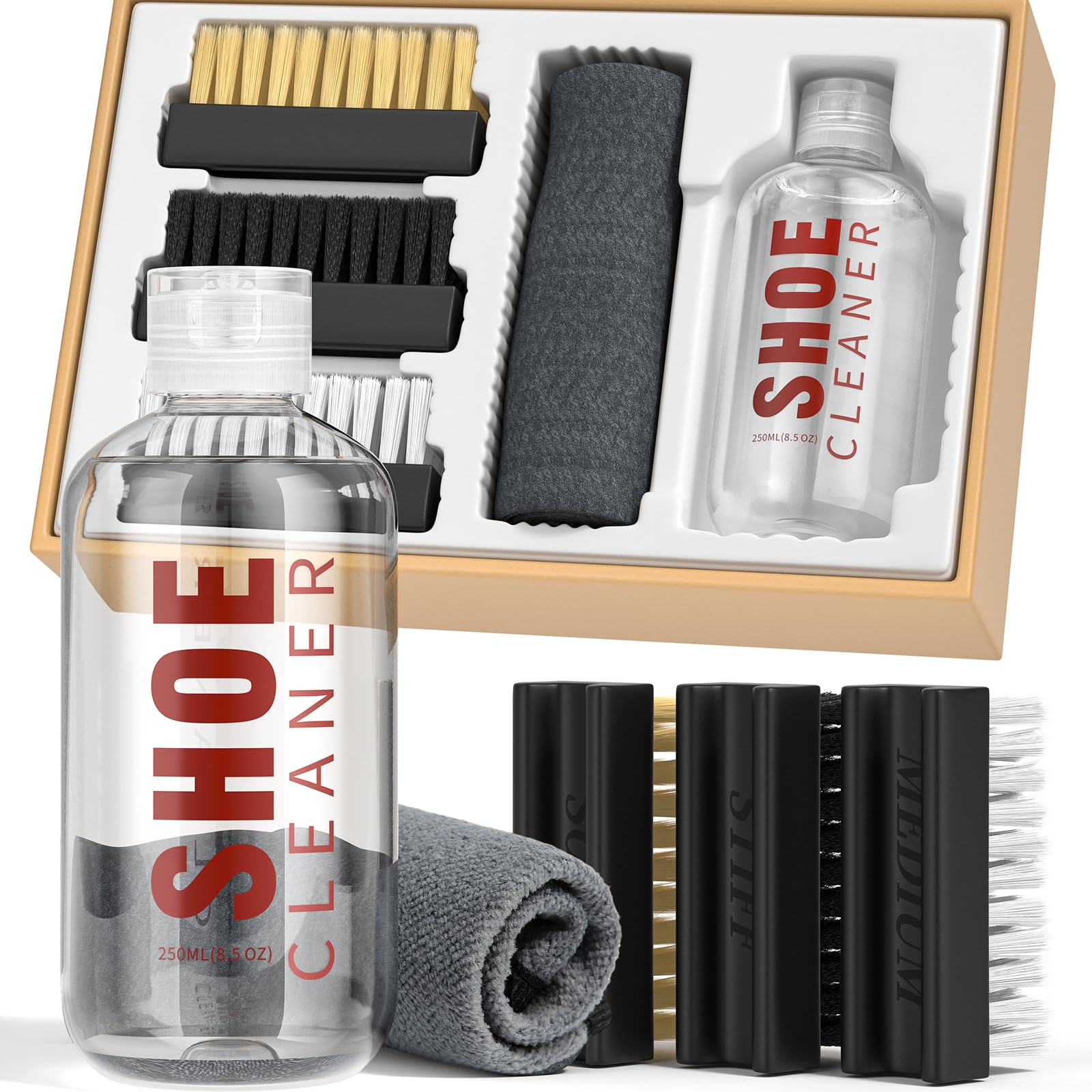 Shoe Cleaner Kit for Sneakers, 250ml Cleaning Solution Sneaker Cleaner with 3 Shoe Brush & Towel, White Shoe Cleaner Kit for Trainer, Leather, White Shoe, Suede, Boot, Canvas, PU, Fabric, etc