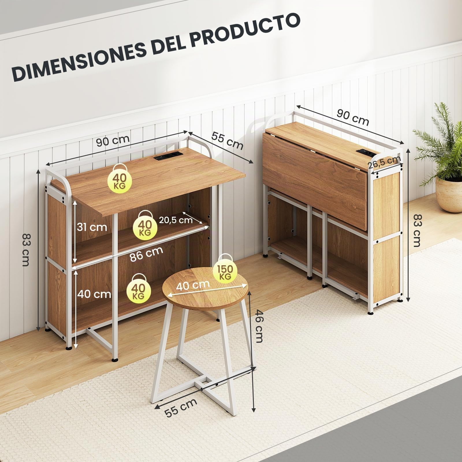 GIANTEX Escritorio de Ordenador con Tablero Plegable 90 x 55 cm, Taburete Redondo, Estación de Carga, 2 Estantes de Almacenamiento, Mesa para Estudio, Dormitorio, Comedor (Natural)