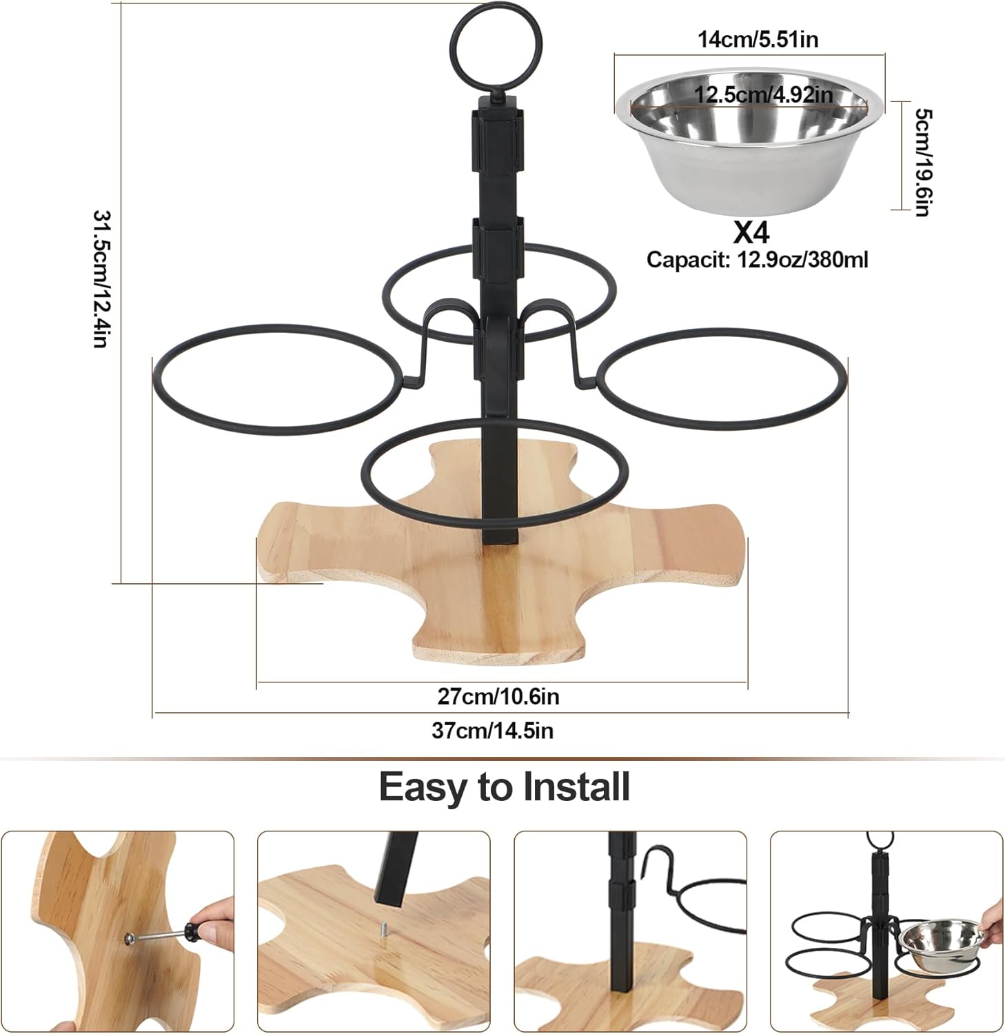 Elevated Cat Food Bowls, 3 Adjustable Heights Raised Cats Bowl for Indoor Cats Small Dogs with 4 Stainless Steel Bowls, Pet Food and Water Bowl