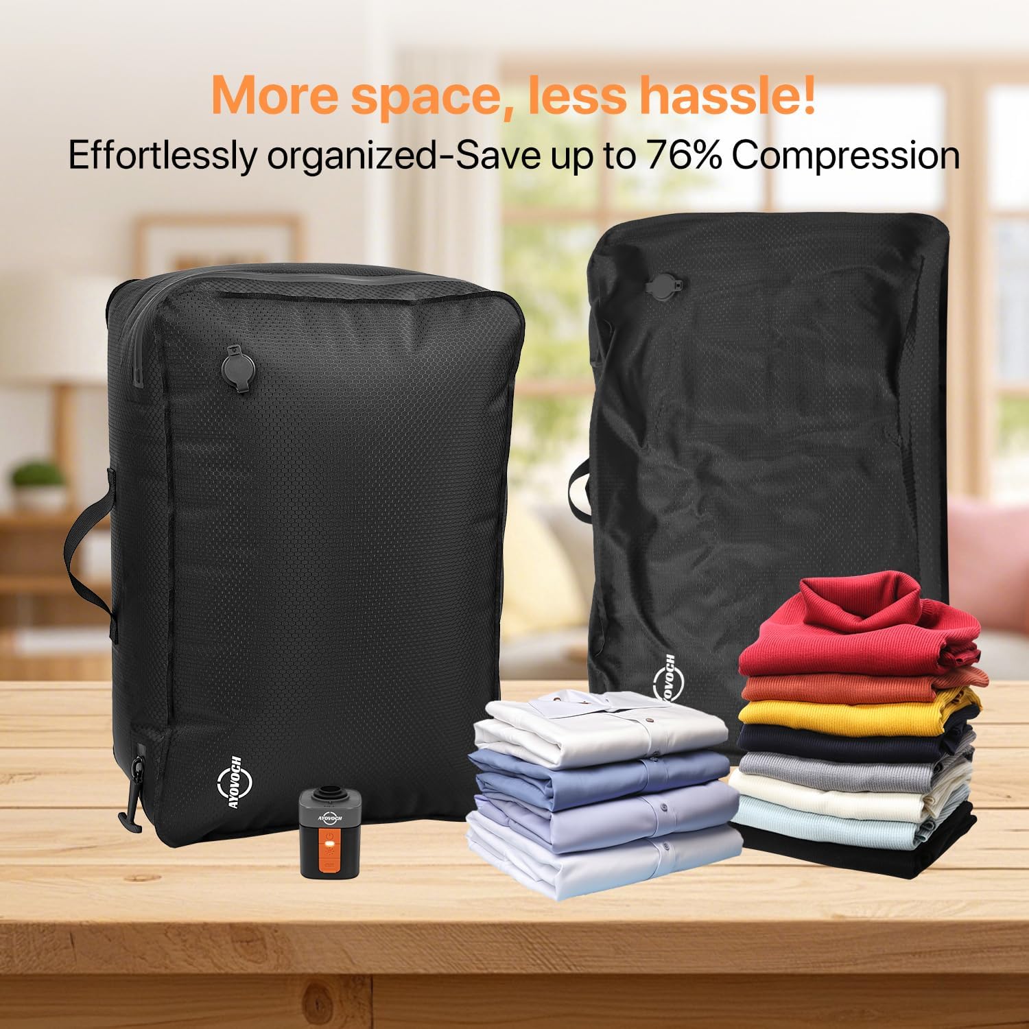 Vacuum Storage Bags with Wireless Pump 35L, 180° Open Zipper, IP68 Waterproof, Reusable Vacuum Bags for Travel, Fits 20/24/28in Suitcase, Backpack, Cloth Packing (2PC + Pump)