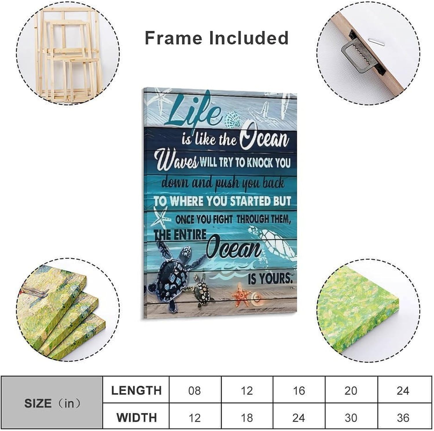 Turtle Life Is Like The Ocean Waves Will Try To Knock You Back Satin Motivational Quote Canvas Printing Poster, for Room Bedroom Living Room Bathroom Wall Decor Aesthetic 24x36inch(60x90cm)