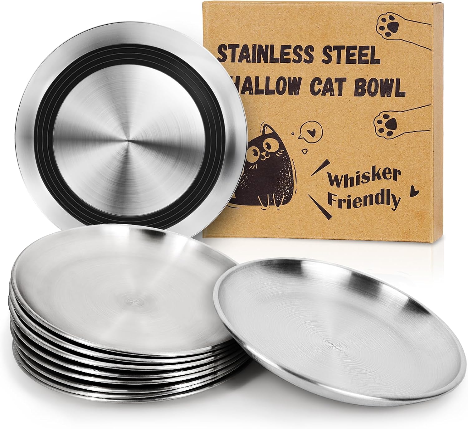 Supet Cat Plates for Wet Food, Non Slip Whisker Friendly Food Bowls, Stainless Steel Shallow Wide Dishes for Indoor Cats (13Oz, 10Pcs)