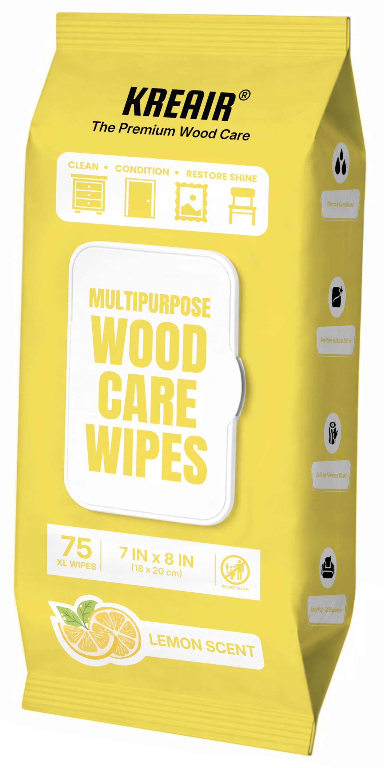 Multipurpose Wood Care Wipes 75 Count, 7 x 8 In, Light Lemon Scent