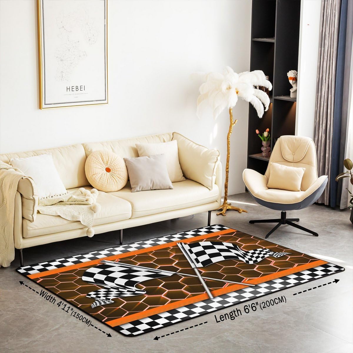 Castle Fairy Boys Racing Car Area Rug 3'x5', Black White Race Flag Non Slip Rug for Kids Teen Boys Women Men,Orange Neon Lights Honeycomb Indoor Floor Mat for Dining Room Backyard Decor