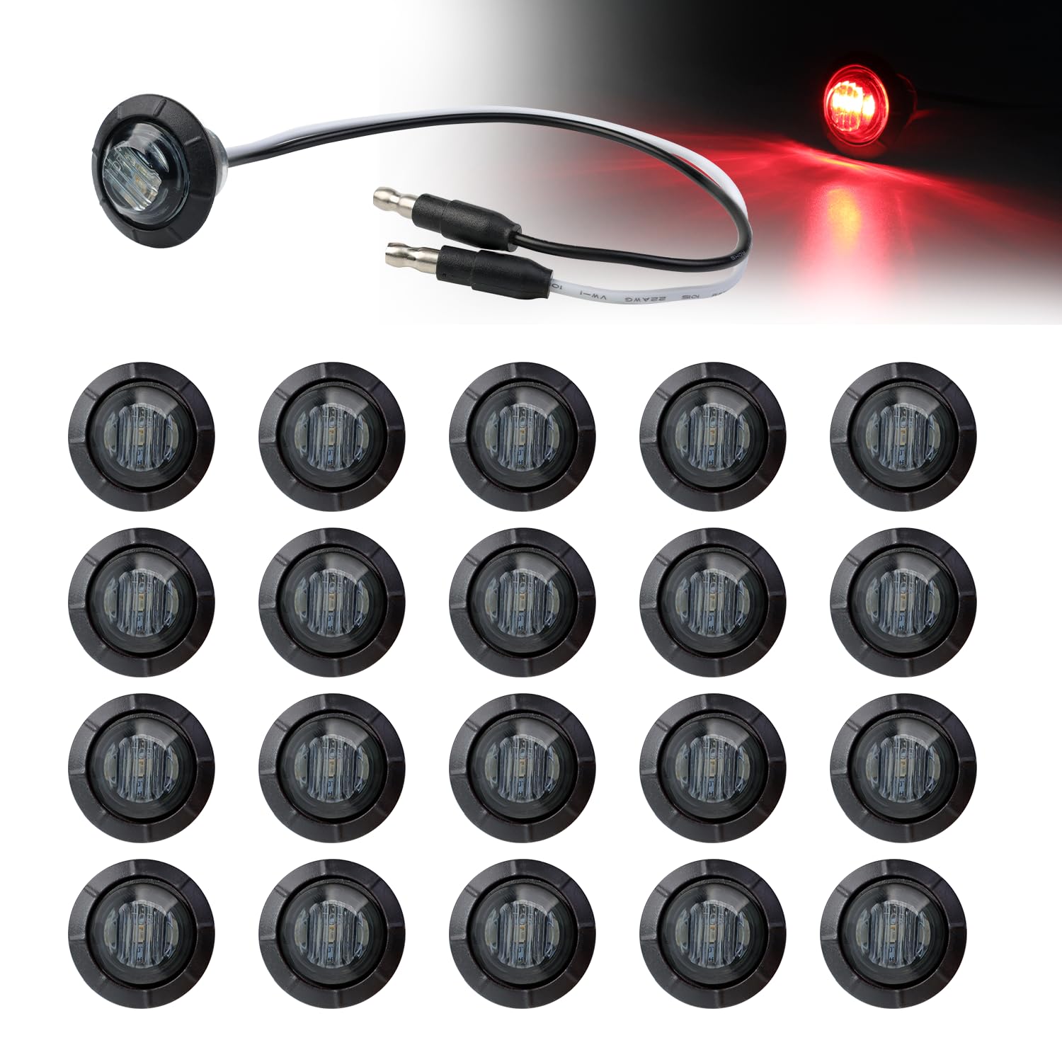 20 Pcs 3/4 Inch Mini Round Smoked Lens Red LED Button Side Marker Lights 3 LED with Connector Plugs for Trailer Truck Lorry SUV ATV RV Bus Clearance Signal Lamps 12V DC