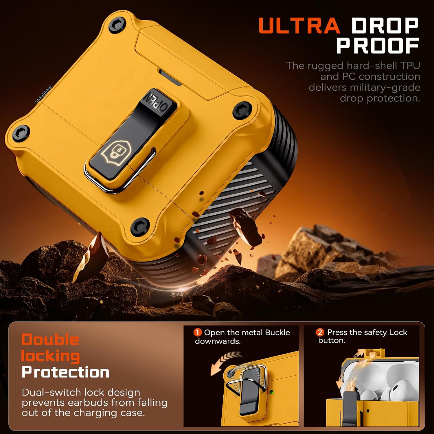  for AirPods AirPods Pro 1st/2nd Case with Secure Lock (Yellow) | Phone Stand Design,Compatible with MagSafe,Automatic Snap Switch Secure Cover with Cleaner Kit & Keychain thumbnail
