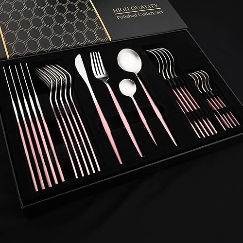 Miniatura 10 de JASHII Juego de cubiertos de regalo, juego de cubiertos de acero inoxidable de 24 piezas, utensilios de cocina, cuchillo, tenedor, cuchara con caja