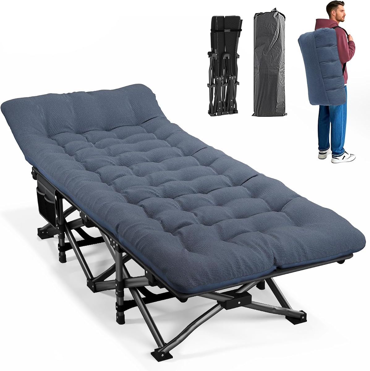 Cuna de Camping para Adultos con cómodo cojín, Cama Plegable | 450 libras de servicio pesado; cojín acolchado plegable para almacenamiento compacto; bolsa de transporte incluida; Cuna portátil para uso en exteriores