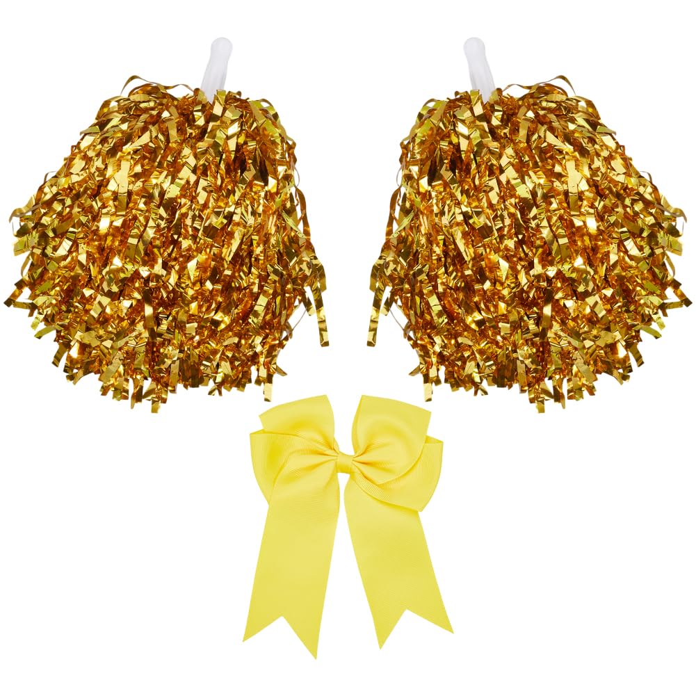 CREATCABIN Cheerleading Pom Poms and Large Cheerleader Hair Bow Metallic Foil Pompoms Cheer for Sport Events Cheering Squad Dance Rooters Accessories