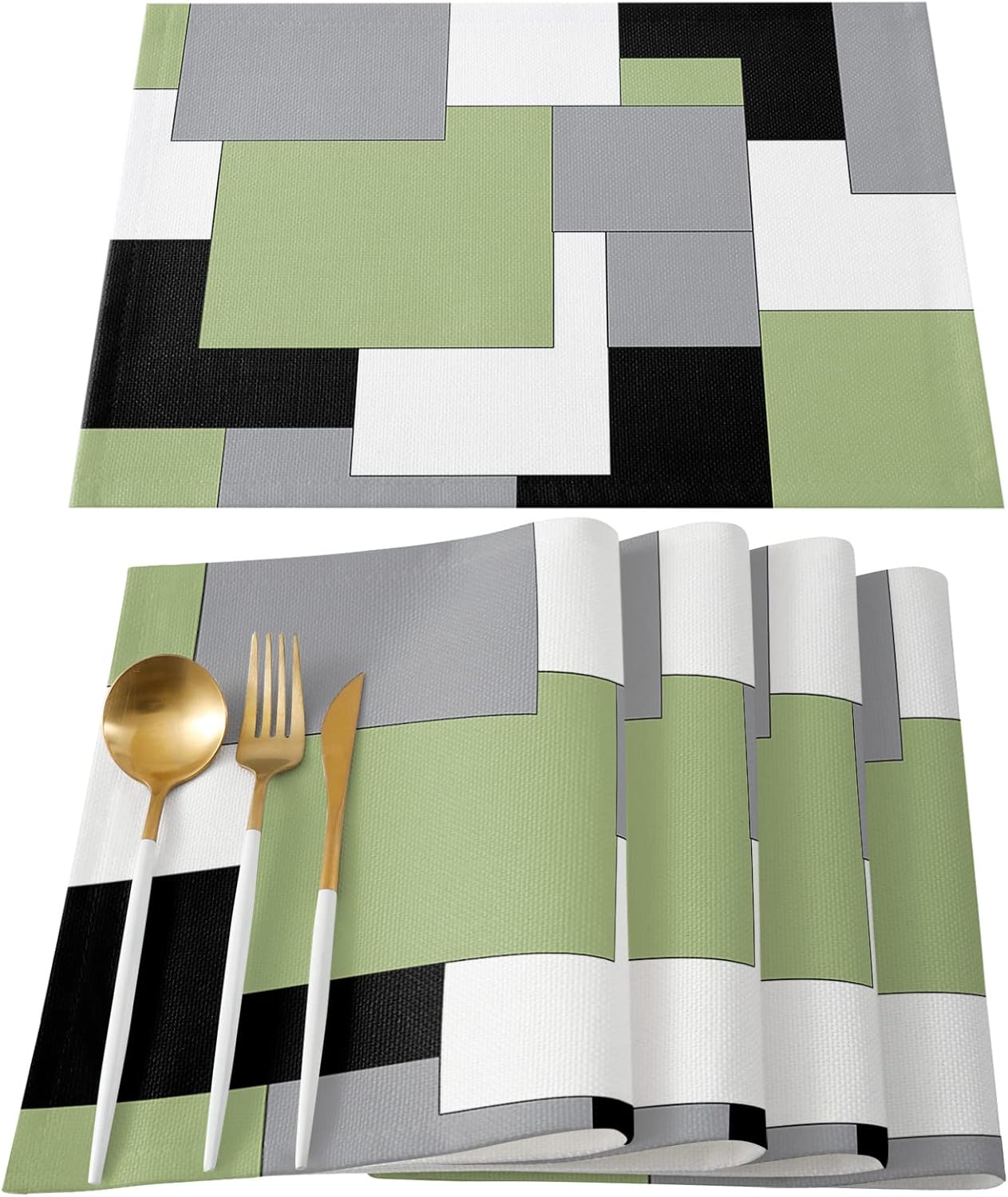 Sage Green Black and Grey Placemats Set of 6,Heat Insulation Table Mats Non Slip Washable Dining Placemats, Modern Art Abstract Table Place Mats for Wedding Holiday Party Kitchen Decor 13x19 in