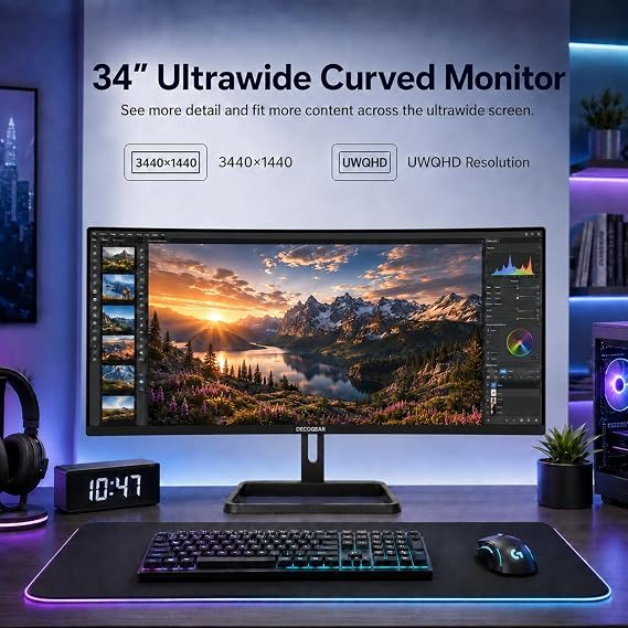 Deco Gear 34-Inch Business Curved Super UltraWide WQHD Monitor 3440 1440 R1500 100Hz 1ms 100% sRGB HDR 2 DisplayPort 2 HDMI Tilt Adjustable PIP/PBP Low Blue Light, American Seller