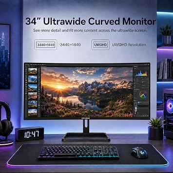 Deco Gear 34-Inch Business Curved Super UltraWide WQHD Monitor 3440 1440 R1500 100Hz 1ms 100% sRGB HDR 2 DisplayPort 2 HDMI Tilt Adjustable PIP/PBP Low Blue Light, American Seller