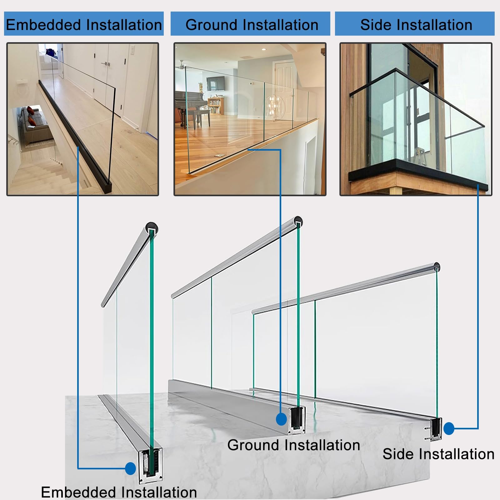 balaustra vetro Morsetto per rubinetto in vetro con fessure, binari per ringhiera in vetro per pannelli in vetro/plastica PVC/legno da 12-20 mm, staffe per parapetti in vetro per terrazza/patio/hotel(