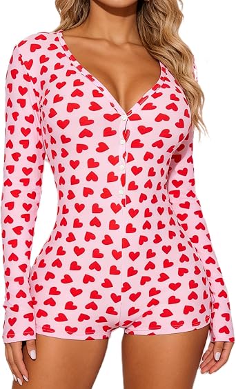 SOLILOQUY Women Heart Print Jumpsuit Shorts Deep V Neck Zip Long Sleeve Slim Fit Bodysuit Casual Party Valentines Day Onesie