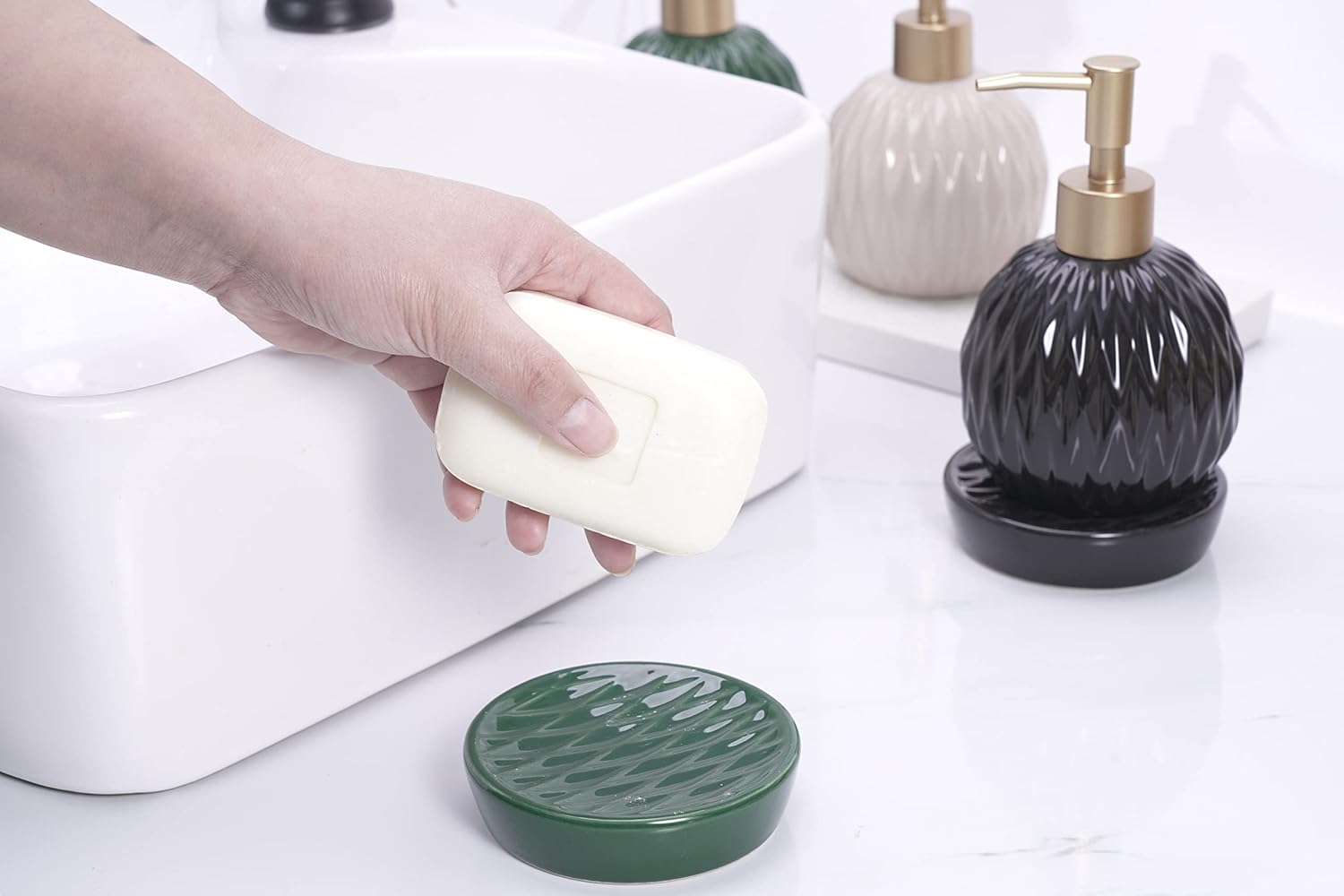 Ceramics Gold Soap Dispenser for Bathroom, Round Soap Dispenser with Delicate Embossed Rhombus Design (White) - Image 5