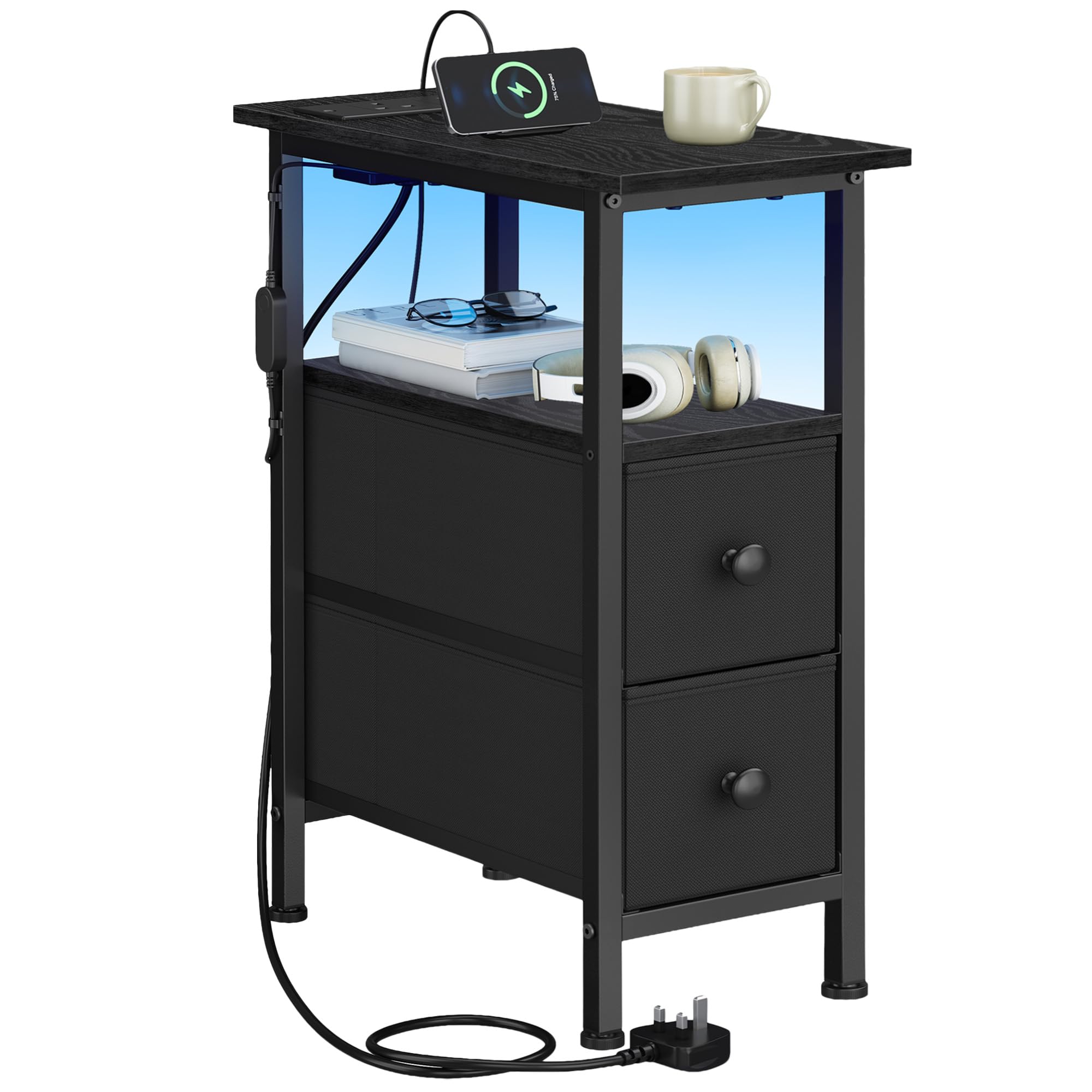 SONGMICS BELLAH Collection – Side End Table, Bedside Table with Charging Station, LED Lighting, 2 Drawers, for Living Room, Bedroom, Ink Black LGS002B103
