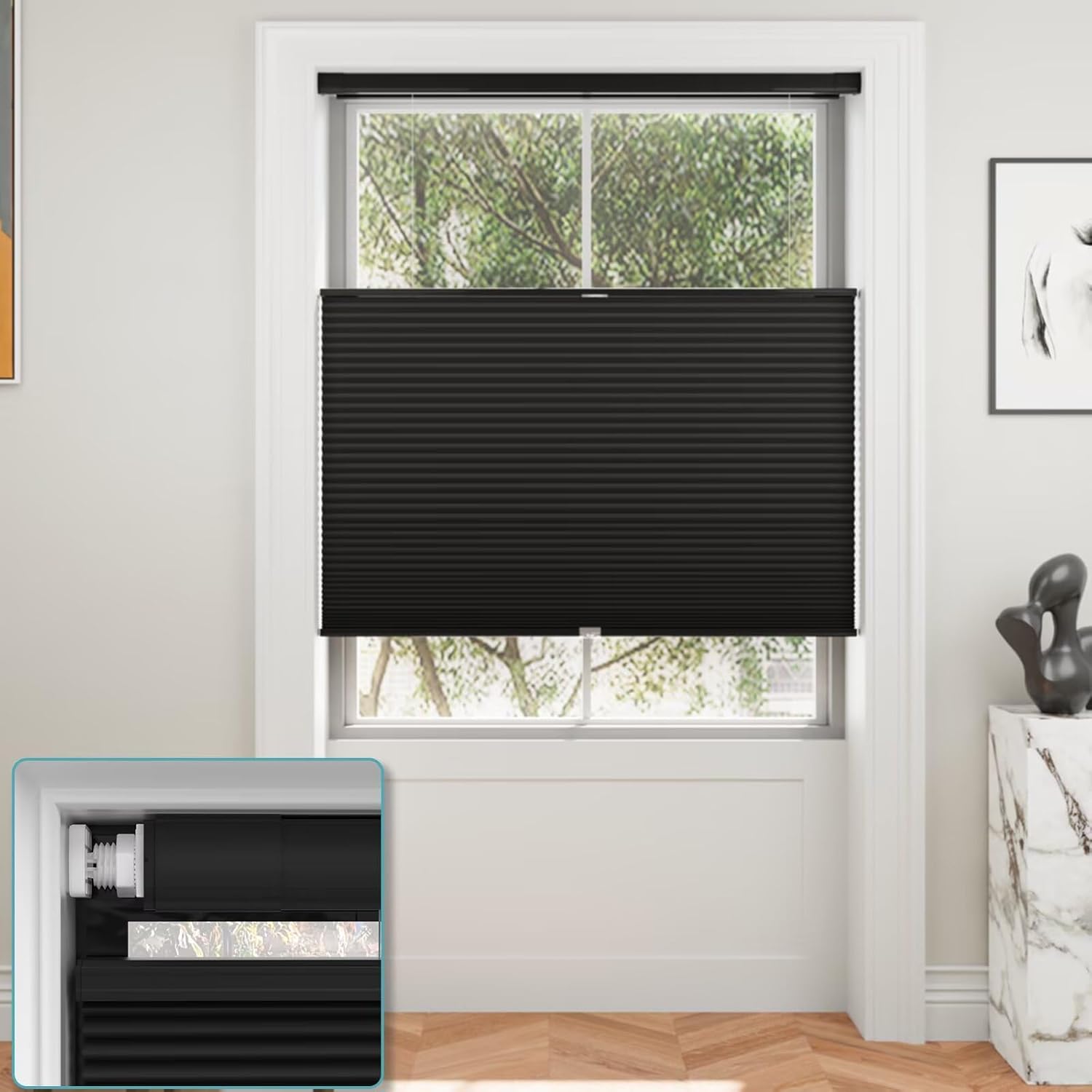 Myshade Custom 1.5 Inch No Drill No Tools Cellular Shades for Indoor Windows Top Down Bottom Up Shades Easy to Install Cordless Blinds for Home Room Darkening, Black-Blackout