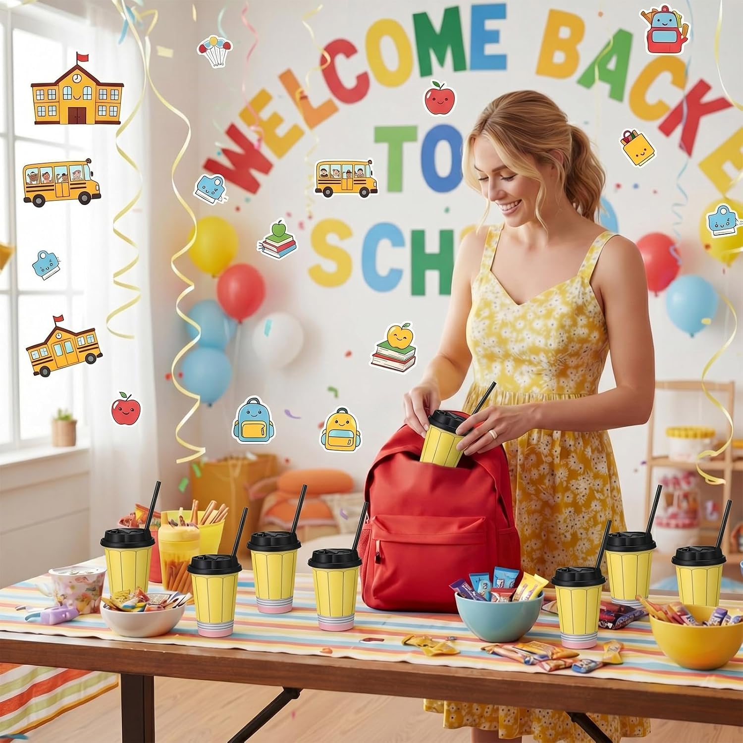 25 Pcs Back to School Cups with Lids Straws Party Decorations image 4