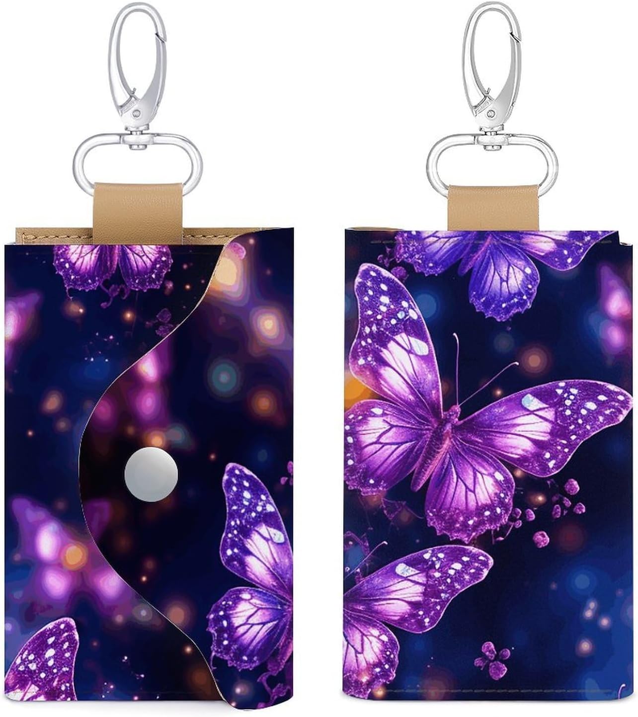 Purple Cute Butterfly Print Key Pouch, PU Leather Key Holder, Personalized Snap Closure Key Bag with Card Slot & Coin Pocket, Portable Key Organizer for Car Keys House Keys, Men Women