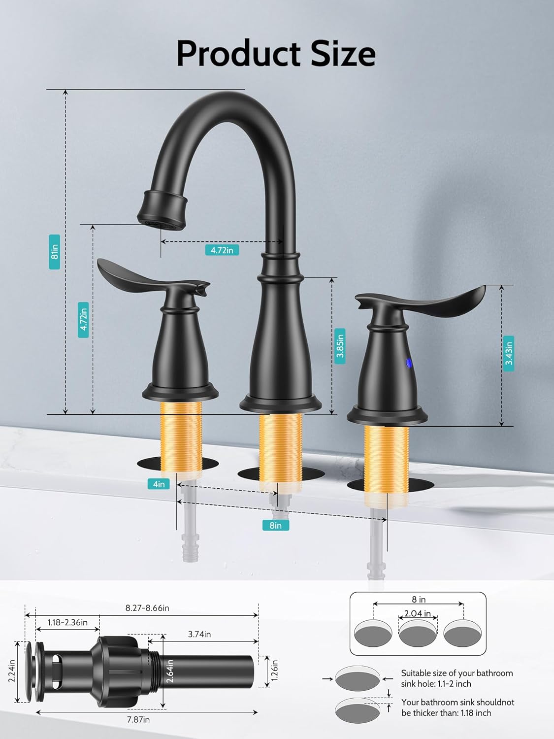 Black Bathroom Faucet 3 Hole, Bathroom Sink Faucet Centerset 4 Inch with 2 Hot/Cold Handles, Pop-Up Drain, Lead-Free, No-Leak, Bath Faucet for Bathroom Sink, RV, Bath, Camper
