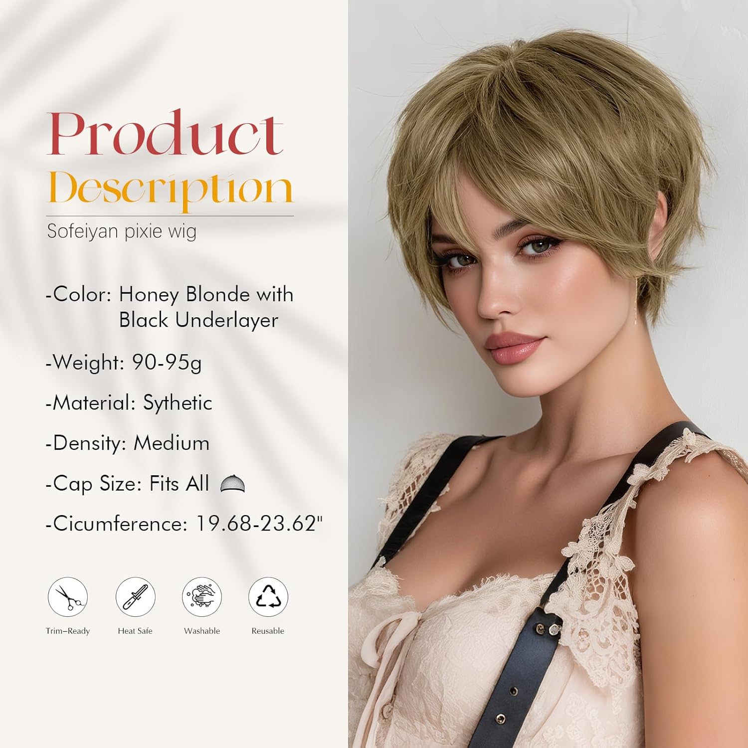 SOFEIYAN Pixie Cut Wig - Short Honey Blonde with Black Underlayer Pixie Haircut Wig with Bangs Pre-Styled Glueless Layered Synthetic Hair Wigs for Women Natural Looking Wigs for Daily Wear - Image 3
