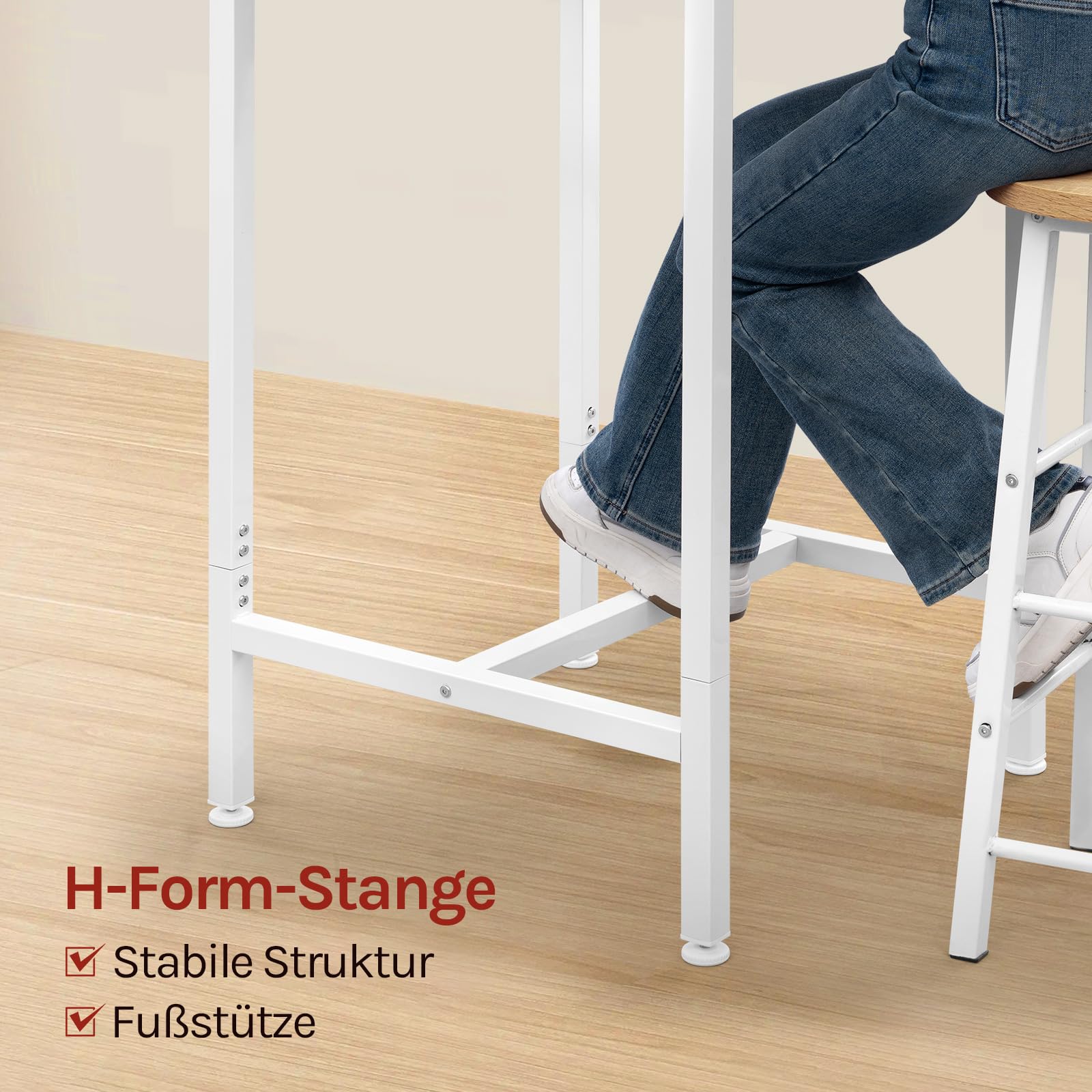 WOLTU Kleiner Bartisch 60 x 100 x 60 cm, eckiger Stehtisch platzsparend, Hochtisch aus Metall & Holz für Bar Küche Wohnzimmer, Weiß+Hell Eiche, BT34hei