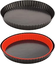 EPMANN Formas redondas de aço carbono pretas de 22 cm, forma de torta canelada antiaderente e quiche com parte inferior removível, forma de quiche antiaderente removível para tortas, quiches e tortas