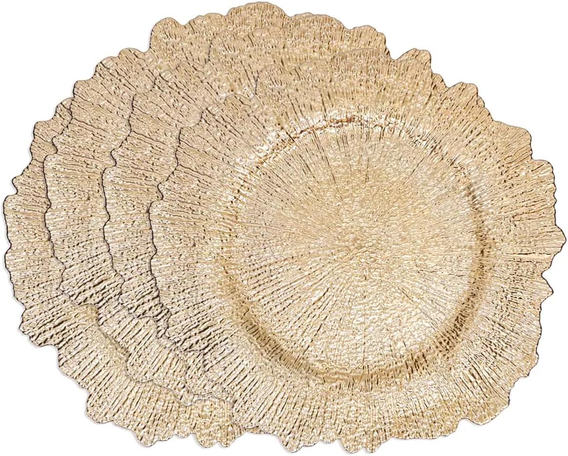 Fennco Styles Modern Starburst Charger Plates 14" Round, Set of 4 – Red Radiant Table Chargers for Banquets, Family Dinners, Special Events, Everyday Use and Home Décor